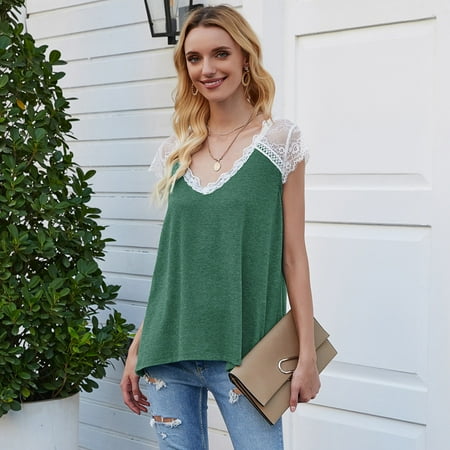 Women Lace Short Sleeve V Neck T-Shirt Summer Party Holiday Loose Blouse Top Tee